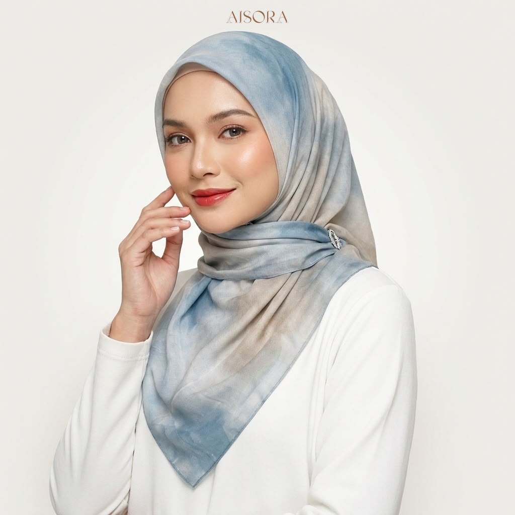 Hijab segi empat voal watercolour Nimbus Series biru abu